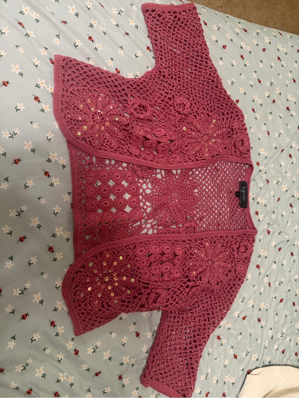 Dusty Rose Crochet Openwork Cardigan with Sequins - Picture 6 of 7